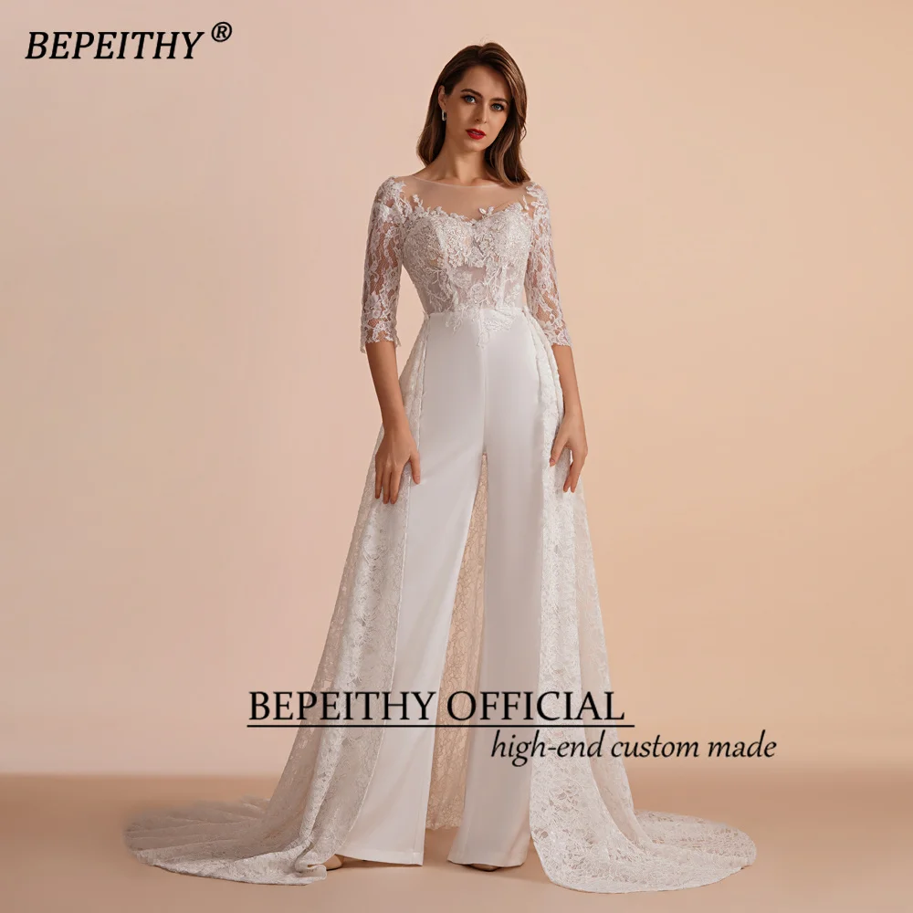 BEPEITHY Aangepaste Scoop Halve Mouwen Kant Bruiloft Jurk 2023 Voor Vrouwen Lange Afneembare Rok Avond Prom Dress Jumpsuite