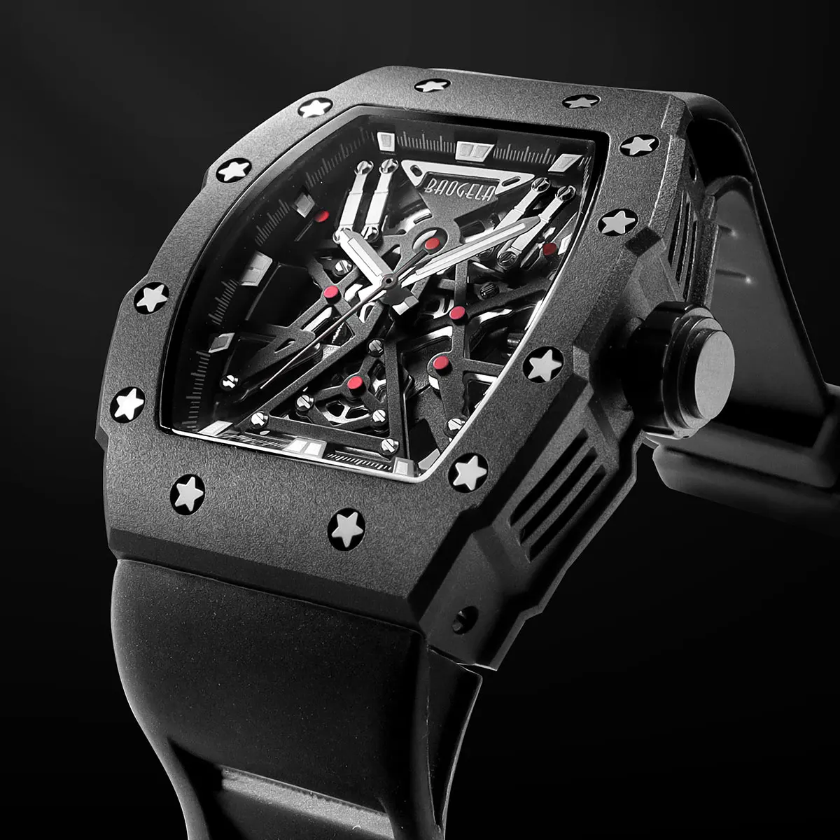 

Barrel-Shaped Men's Sport Quartz Watch with Hollow Out Dial Luminous Hands Fashion Stainless Steel Case Silicone Band Wristwatch