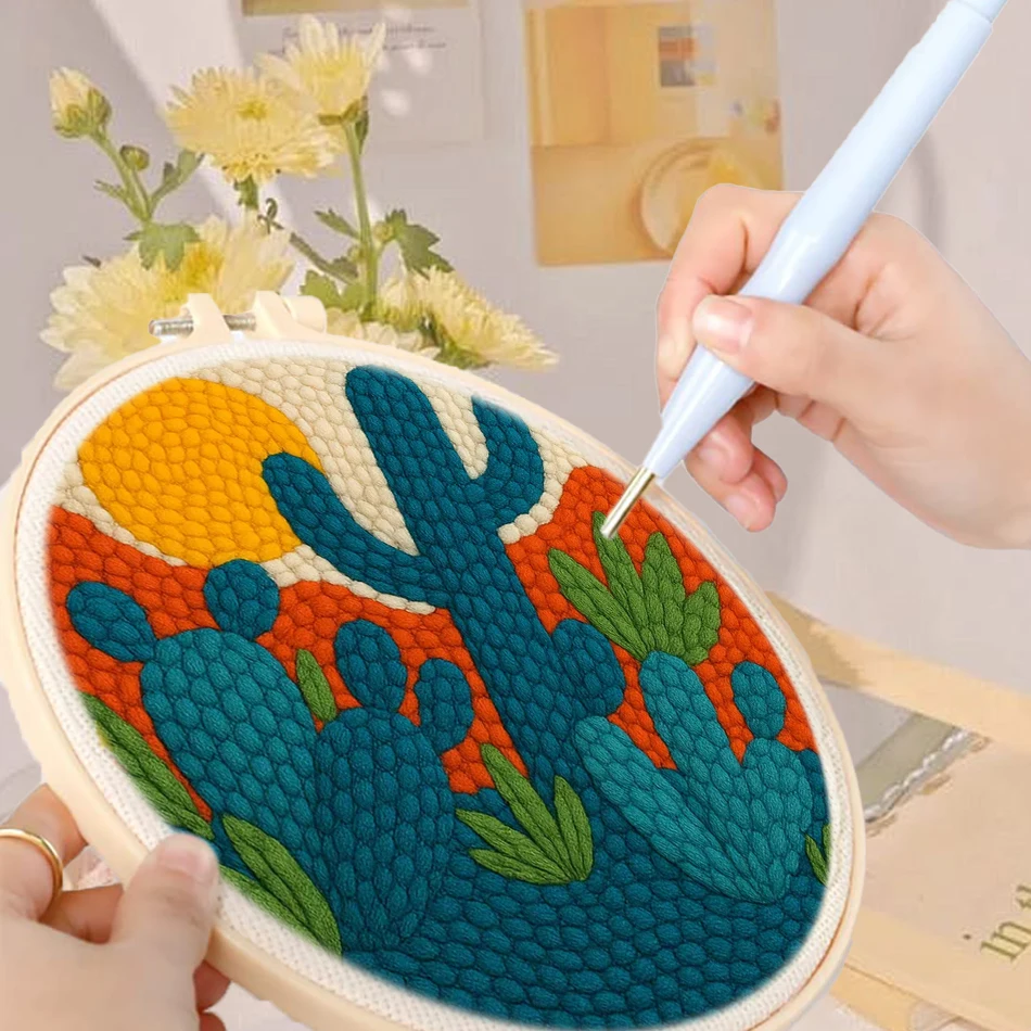 Kit de Punch Needle para Decoración del Hogar, Regalo, Suministros de Manualidades, Patrón de Cactus 20x20cm, Kits de Punch Needle para Principiantes, Arte de Manualidades, Kits de Bricolaje