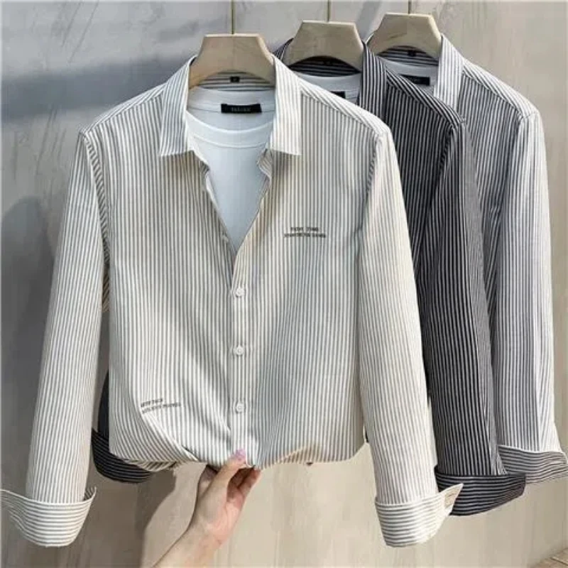 Spring Autumn New Fashion Turn-down Collar Long Sleeve Striped Blouse Men\'s Clothing Loose Korean Button All-match Trend Shirts