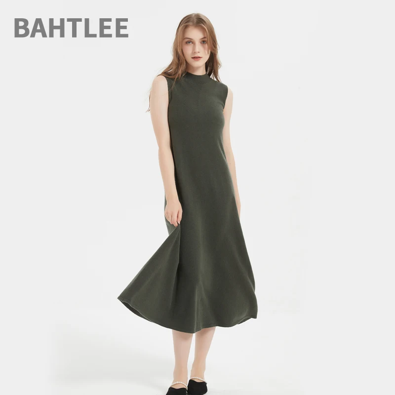 

BAHTLEE-Women's Straight Dress, 100% Wool, A-Line, Flax Knitted Jumper, Sleeveless O-Neck, 1 Pc