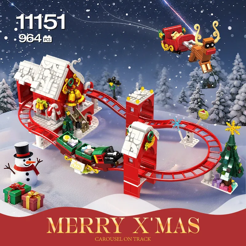 Świąteczna seria: Ślizgający się pociąg, tor kolejowy, klocki MOC, sanie Świętego Mikołaja, zabawki do samodzielnego montażu, model, małe klocki, prezent świąteczny.