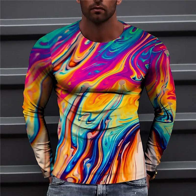 

Мужская футболка Long Sve round Ne с цифровой печатью Tie Dye, 3D одежда, модная свободная посадка, весна-лето, геометрический узор