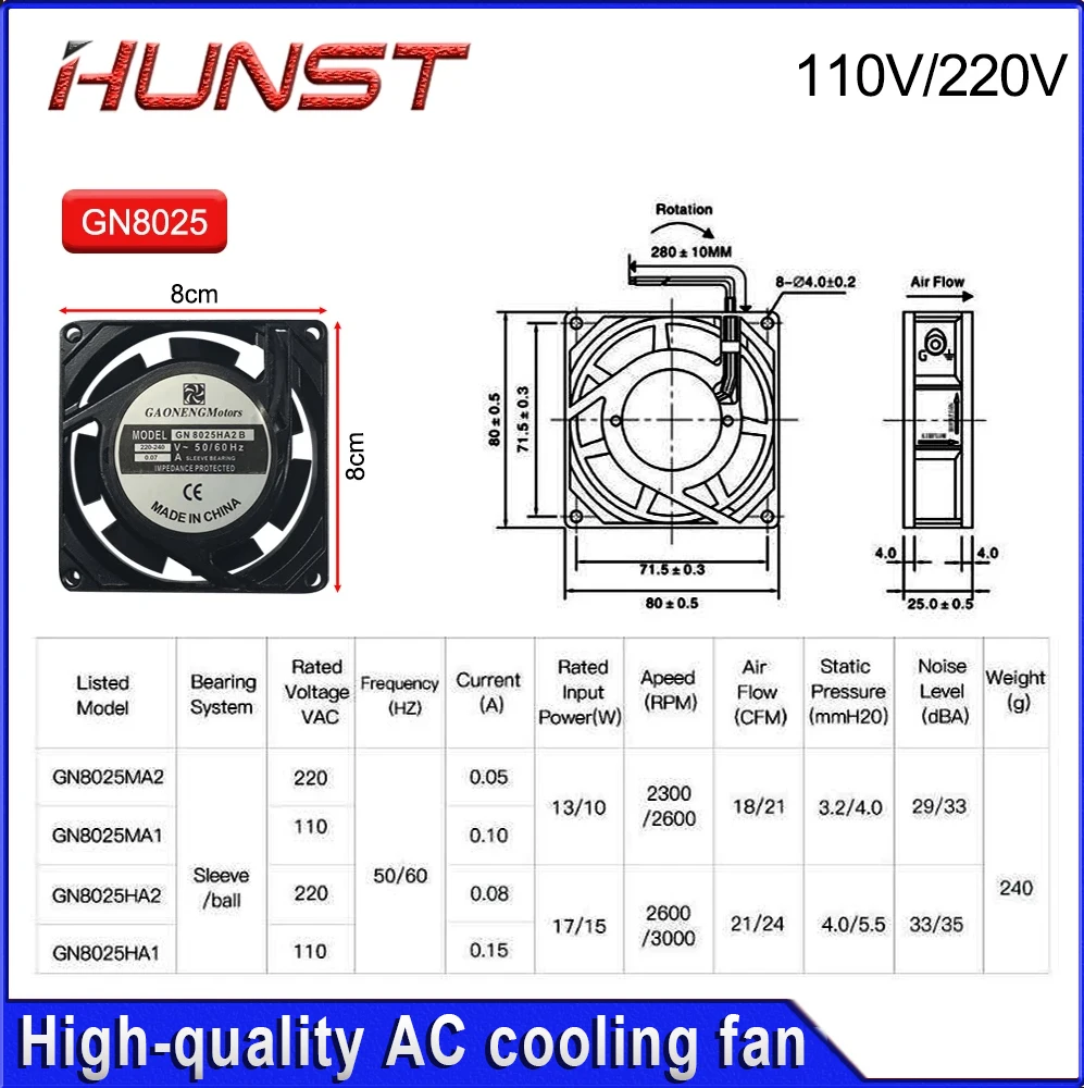 Hunst عالية الجودة مروحة التبريد إطار معدني من الألومنيوم GN12038HA 120*120*38 مللي متر GN8025HA 80*80*25 مللي متر 110/220 فولت التيار المتناوب 0.14/0.07A #5