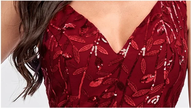 Damen rot ärmellose V-Ausschnitt rücken frei langes Kleid bestickt Perlen Ballkleid schlanke Fischschwanz Abendkleider