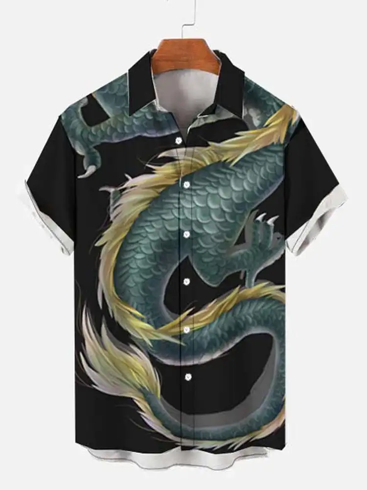 

Hawaiian Men's Chinese Dragon Printed Shirt Casual Shirts Men's Chinese Style Trendy Shirt Summer Fashion Short Sleeved Shirts