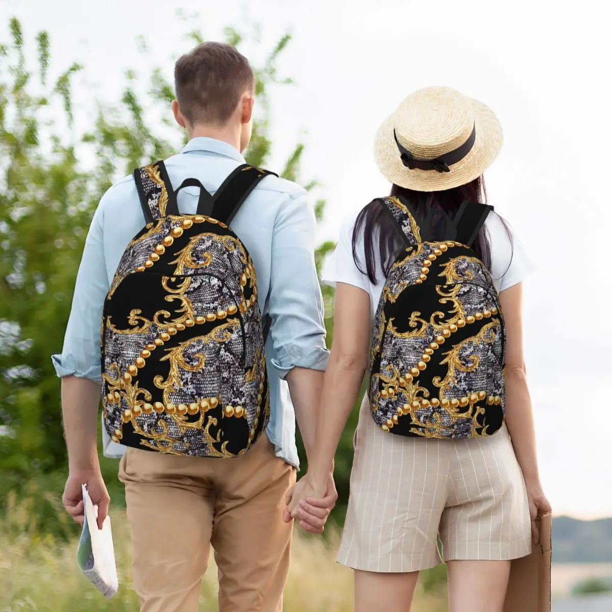 

Luxury Golden Europe Floral Baroque Student Backpack School Bag Hiking Travel Daypack for Boys Girls Bookbag Shoulder Bags
