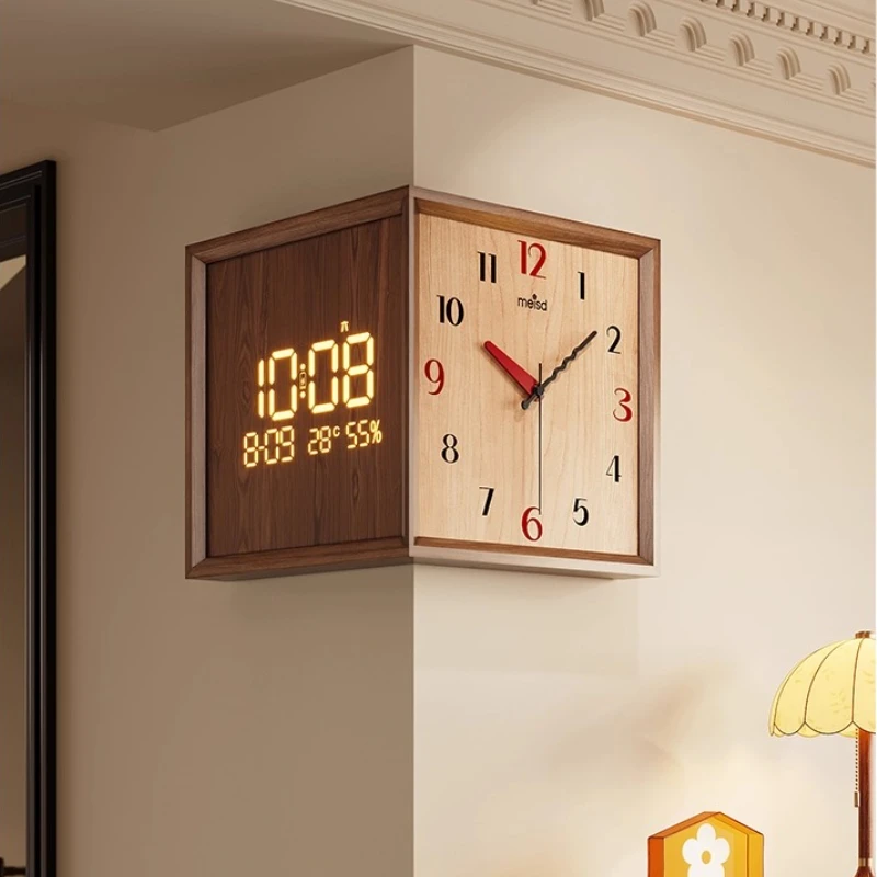 

Solid Wood Corner Digital Clock Mid-Century Wall Clocks for Living Room High-End Dual-side Timepiece Elegant Display with Date