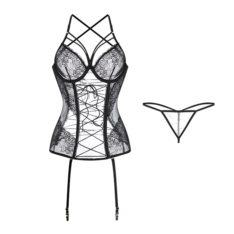 

Sexy Tight-fitting Mesh See-through Underwire Push-up Women's Uniform Bodysuits Charming Hanging Neck Pure Desire Nightclub E11A