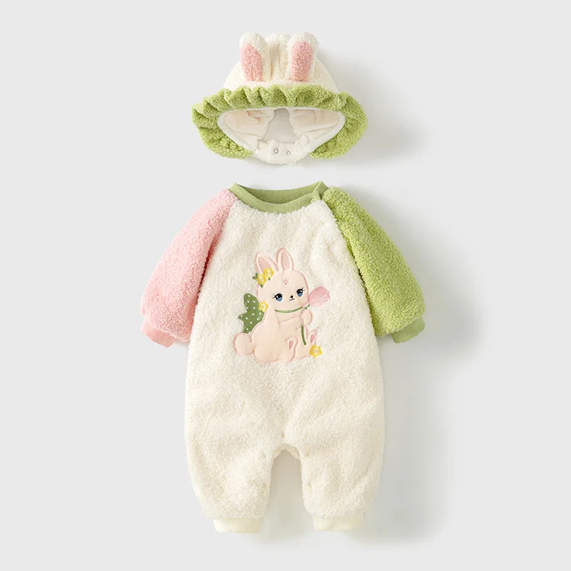 Baby Clothes Autumn and Winter Thickened fleece-lined Outfit Cute Rabbit Plush Climbing Clothes Baby Girl Jumpsuit Winter