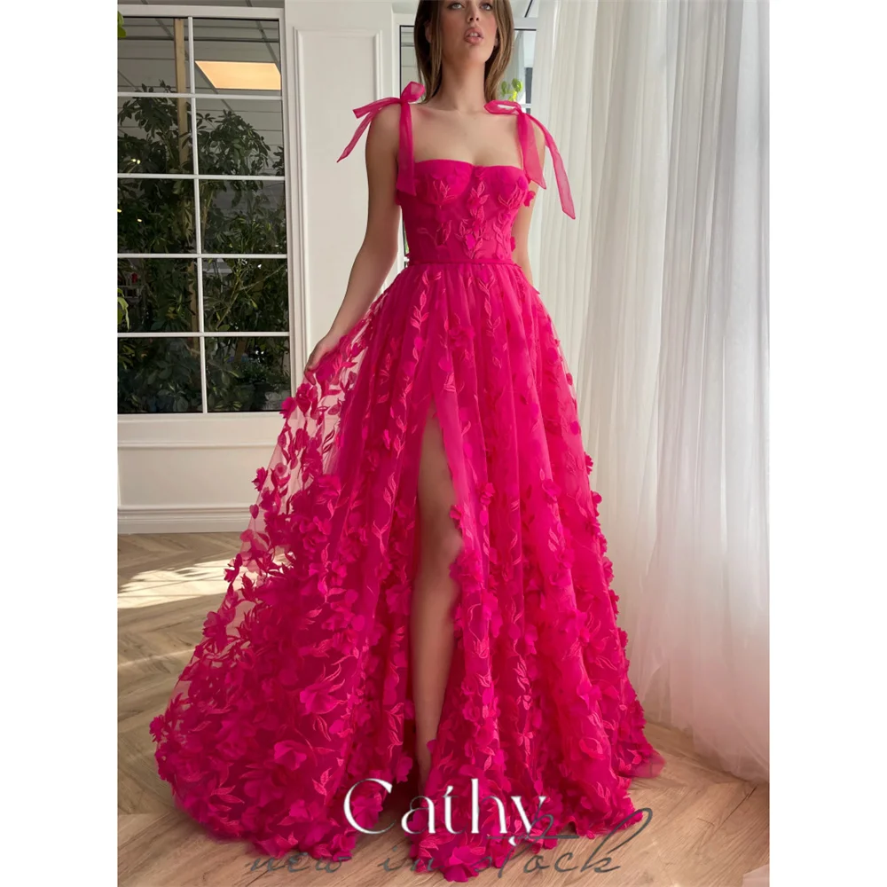 Cathy Flower Appliques Prom Dresses A-line Tulle Vestidos De Noche Spaghetti Strap Sleeveless Sexy Side Split Cocktail Party