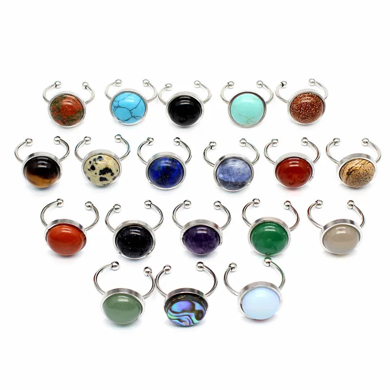 50pcs 8mm 10mm 12mm Cabochon Stainless Steel Stone Ring Tiger Eye Opal Pink Crystal Open Ring for Women Girl Jewelry Wholesale