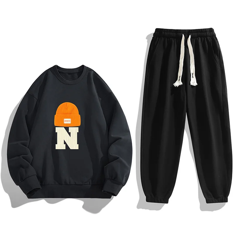 

Мужской комплект свитшотов с мультяшным принтом, большие размеры, студенческие спортивные штаны, осень-зима, Новое поступление, повседневная удобная молодежная одежда