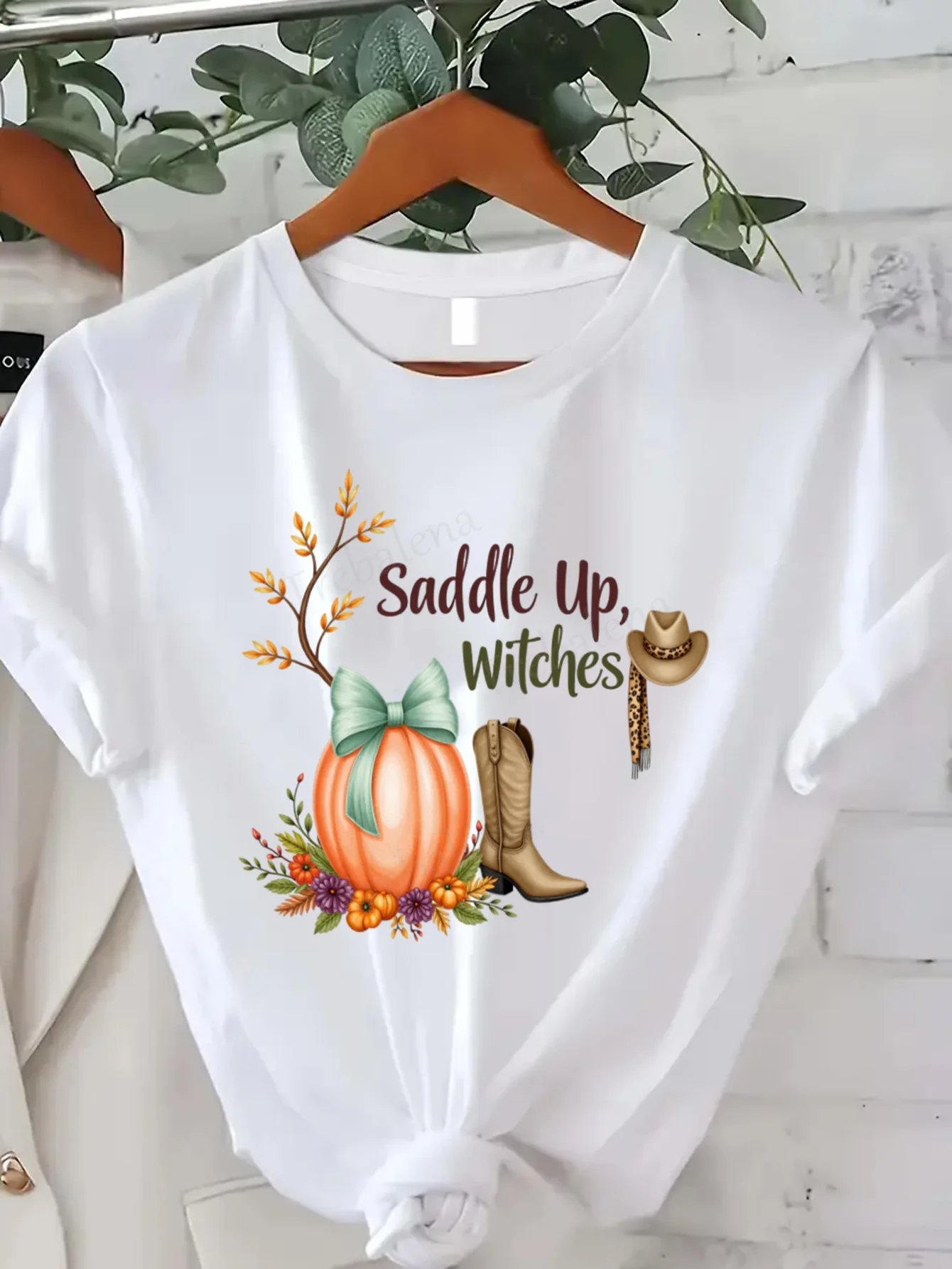 

Round Neck T-shirt Saddle Up Witches Pumpkin Cowboy Boots Halloween T-Shirt Women Plus Size Short Sleeve Tee Fashion Casual Top