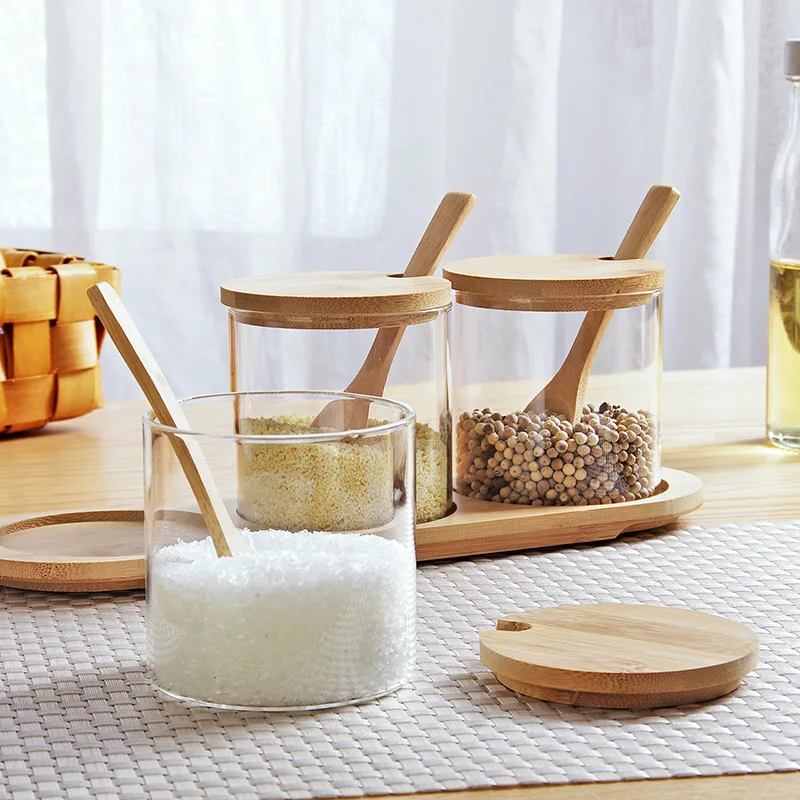 Glass Seasoning Storage Jars with Bamboo Lid And Spoon Kitchen Spice Box Seasoning Container Sugar Salt Pepper Jar