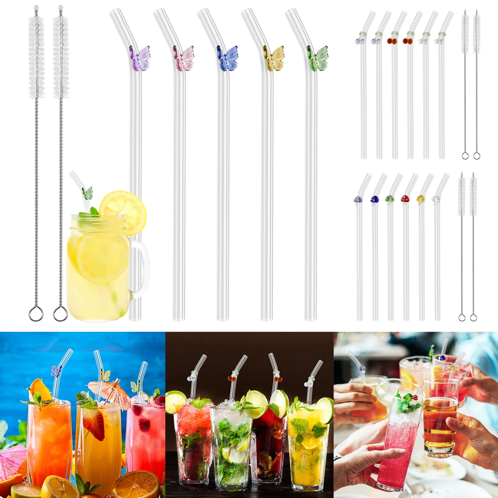 20/5pcs Reusable Drinking Straws With Cleaning Brush Butterfly Cherry Mushroom Straw For Smoothies Juice Milk Bar Accessories