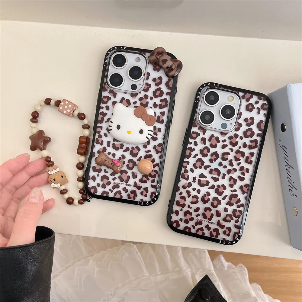 

Hello Kitty Leopard Print Bow Strap Kawaii Phone Case For iPhone 16 15 14 12 13 Mini 11 Pro Max XS Plus Y2K Retro stylish Cover