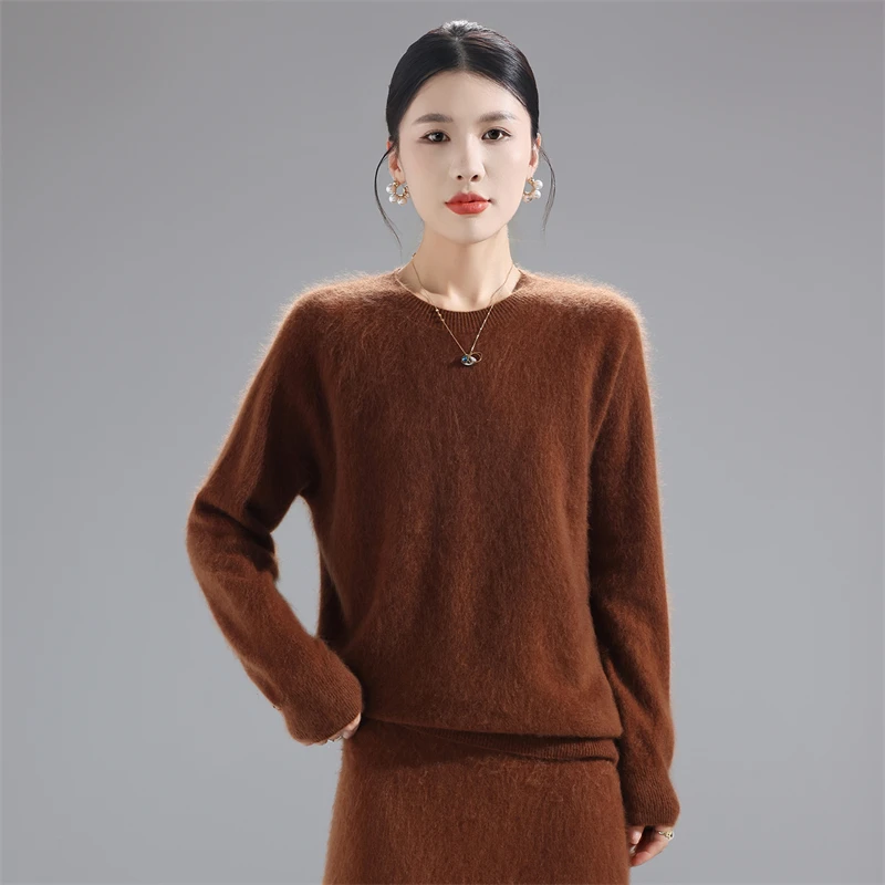 

Новинка 2025 года, свитер из 100% мериносовой шерсти, женский вязаный пуловер с круглым вырезом и длинными рукавами, модные однотонные свободные топы из матовой ткани