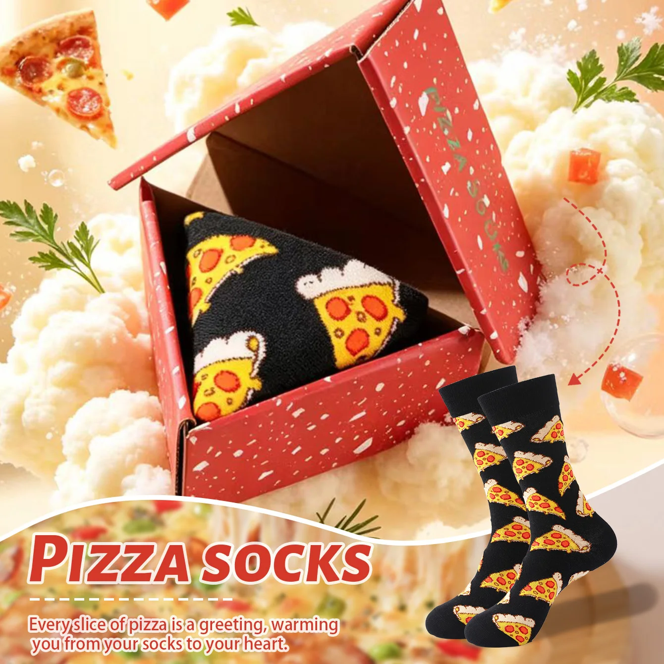 1 Pair of Mid-Calf Men's Socks with Novelty and Fun Pizza Patterns, Gift Box Socks, Trendy Style, Comfortable and Breathable, Suitable for Gifting to Mom, Lover, Party, Casual Novelty Gifts, Valentine's Day, Christmas, Santa Claus, Unisex, Autumn and Winter Styles, All-Season Styles, Cute and Fun Socks