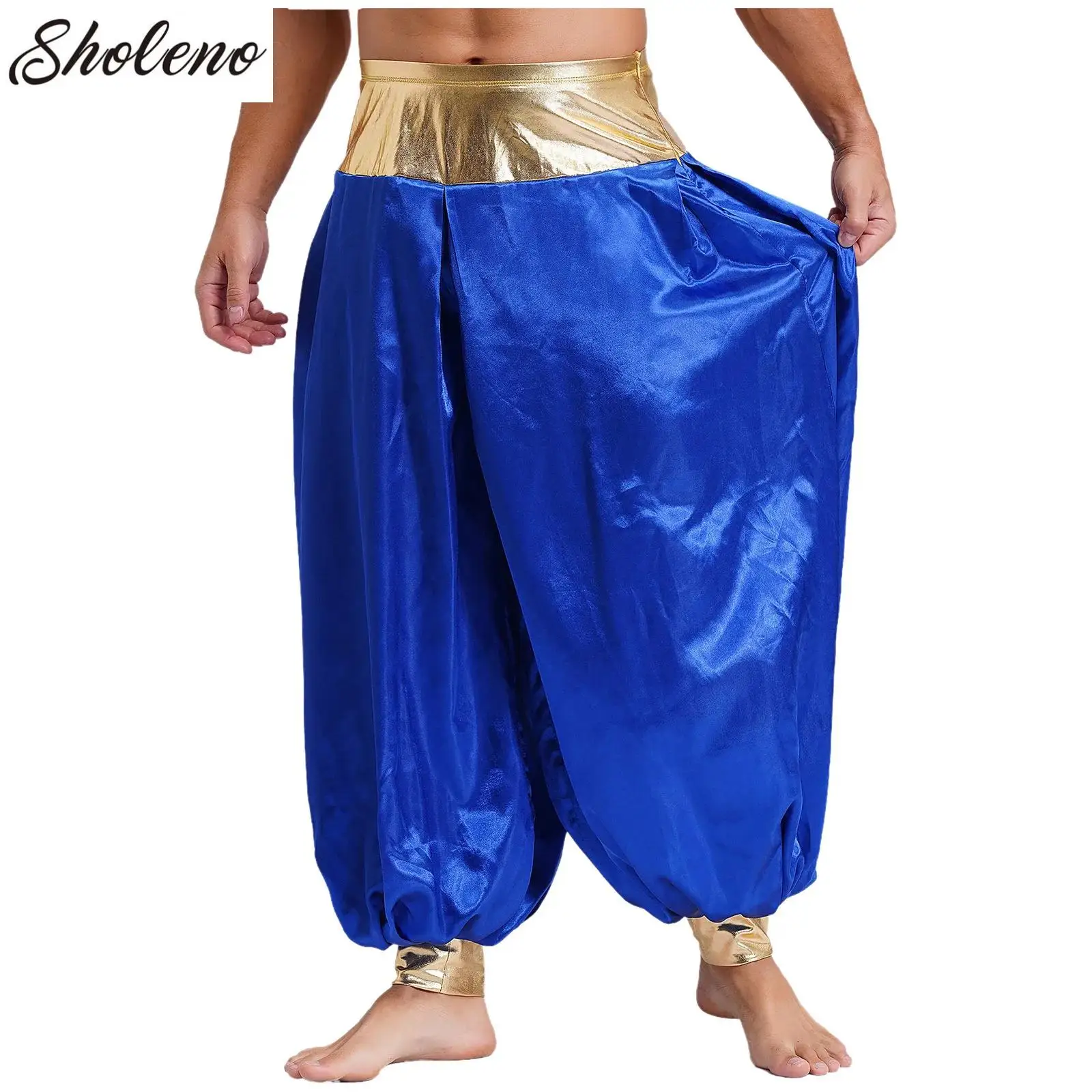 

Adult Silky Belly Dance Harem Pants Men High Waist Loose Fit Trousers Arabian Prince Cosplay Costumes Bloomers Carnival Dress Up