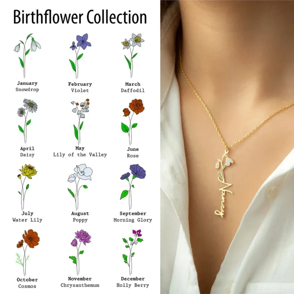 

Personalized Birth Flower Colored Enamel Necklaces Custom Name Necklace for Women Stainless Steel Fashion Jewelry Birthday Gifts