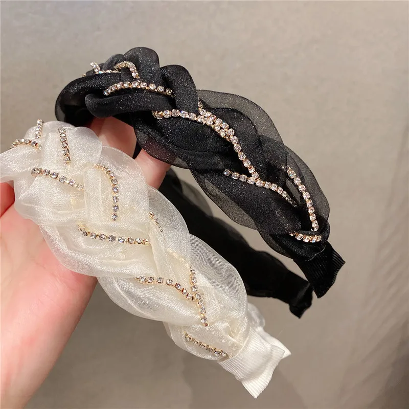 Korean Spring and Summer New Style Lace with Diamond Wide-brimmed Headband, Simple and Versatile Headband, Cross Braid