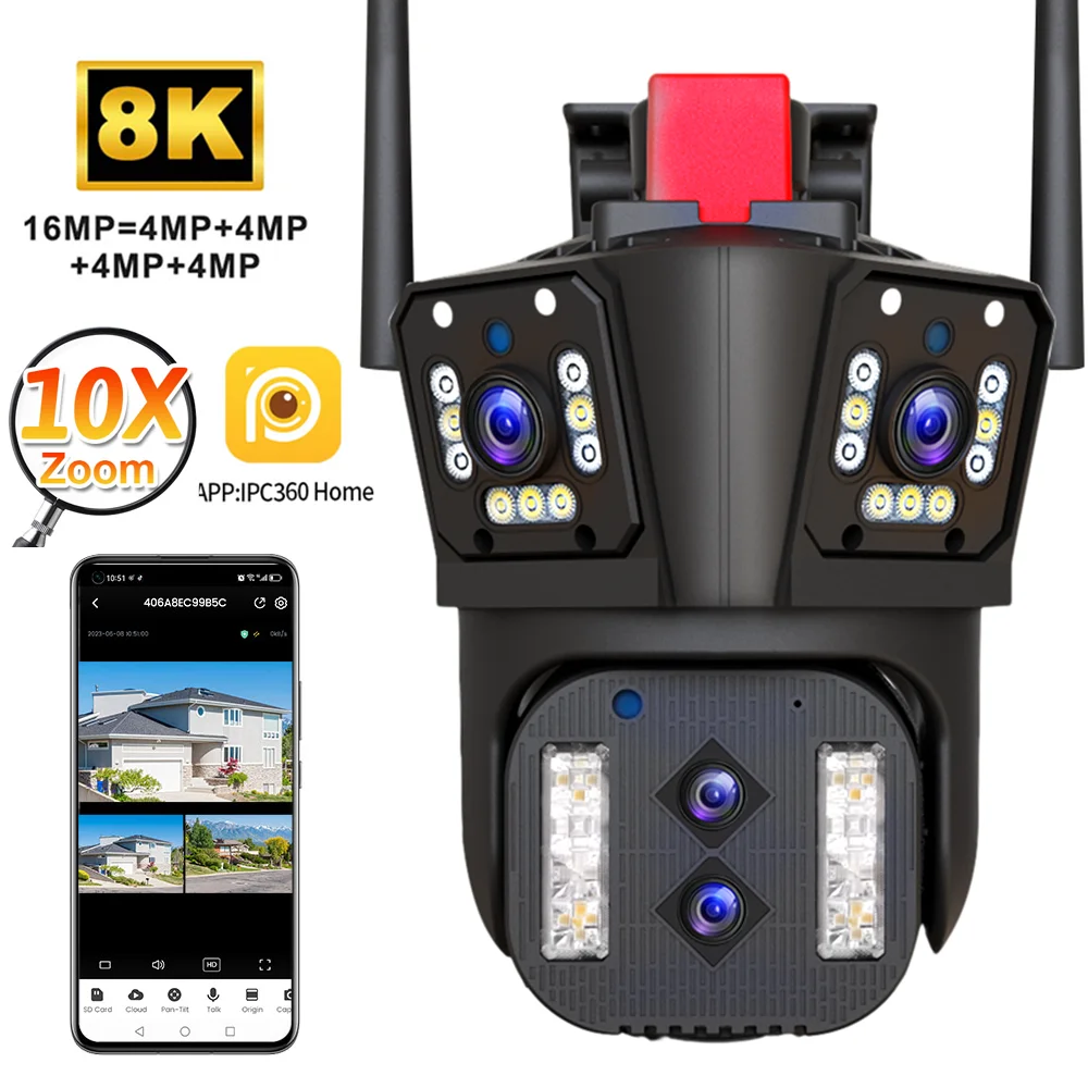 Zewnętrzna kamera IP 8K 16 MP WiFi PTZ Multi Lens 4 Lens 10X Zoom optyczny Automatyczne śledzenie Bezpieczeństwo Kamera monitorująca CCTV Night Vision