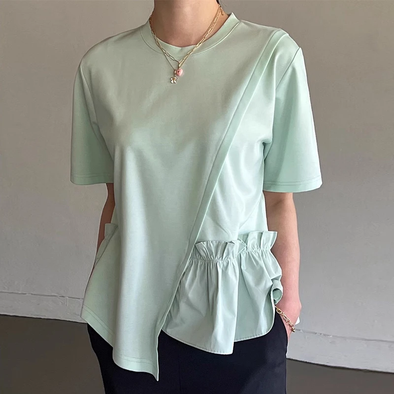 

Chic Summer New round Ne Splice Irregular ort Sve T-irt Women's Top Korean Sle Cotton 00% Color Commute