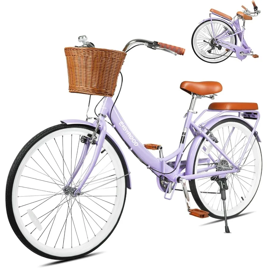

26 Inch Folding Beach Cruiser Bike for Women with 7-Speed Gear System Convenient Storage and Transport Includes Built-in Basket