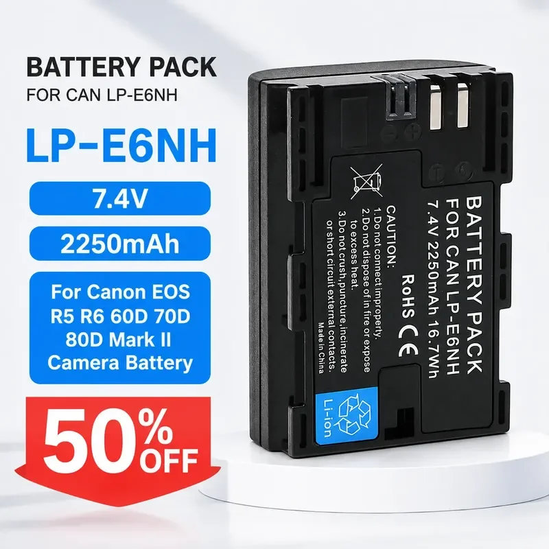 LP-E6NH 7.4V 2250mAh for Canon EOS R5 R6 60D 70D 80D Mark II Camera Battery Rechargeable Li-ion Digital Bateria High Capacity