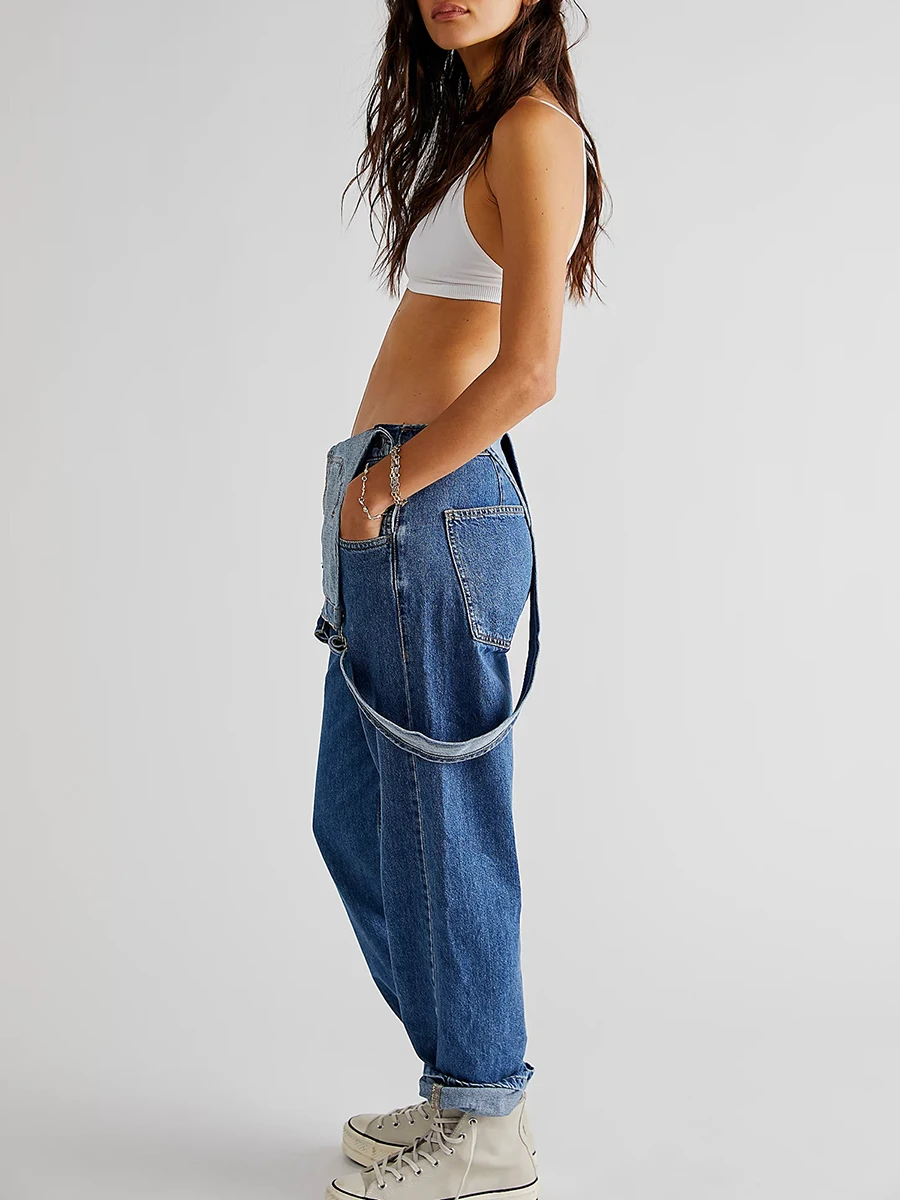 Women Denim Long Jumpsuit 90s Vintage Bib Wide Leg Adjustable Strap Romper Pants Retro Revolt Dungaree Overalls