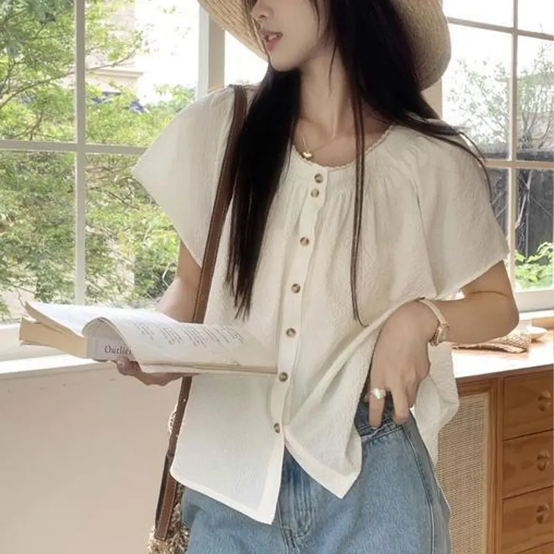 Casual Sweet Lace Spliced Blouse 2024 Summer Korean Short Sleeve Loose Female Clothing Solid Color Commute Single-breasted Shirt