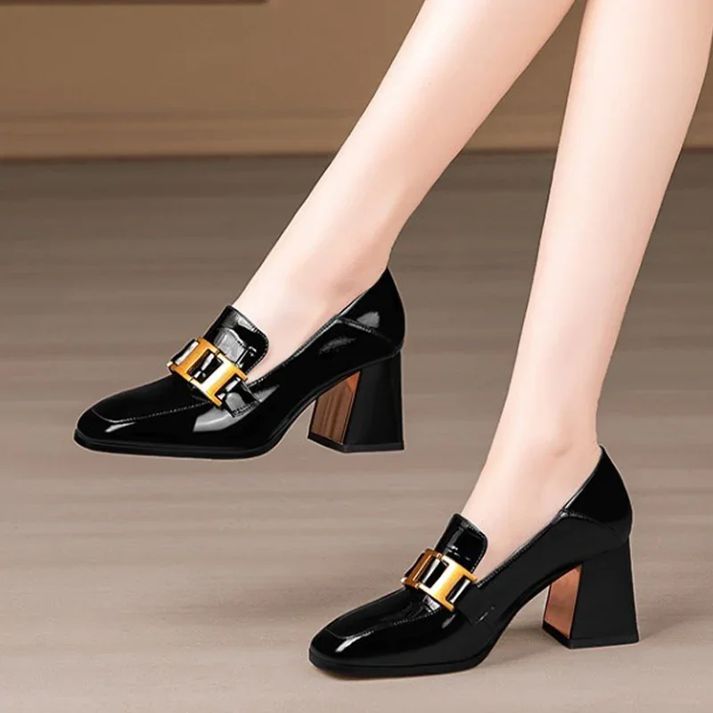 Luxury High Heels Shoes Women Chunky Square Toe Shoes 2024 Summer Fashion Dress Shallow Shoes Elegant Zapatos Para Mujer Pumps