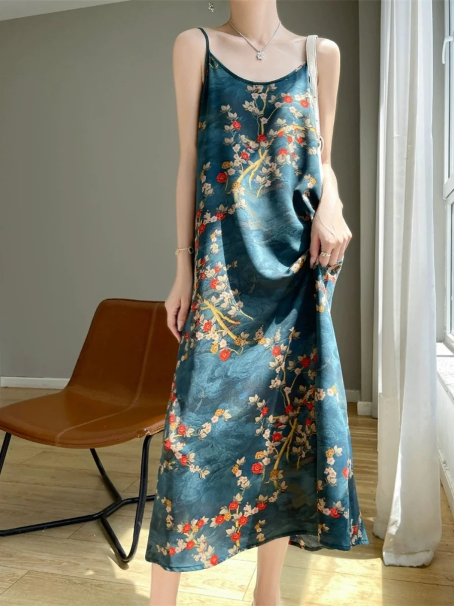 Retro Chinese Sle Floral Print One-oulder Strapl A-Line Dr Summer Bal Commute Casual High Waist Long Skirt