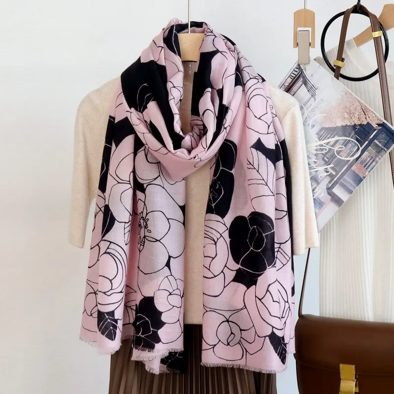 Camellia Long Tassel Pashmina Scarf Brand Designer Cashmere Stole Large Shawls Warm 200CM 100CM Decoration Accessories Gift