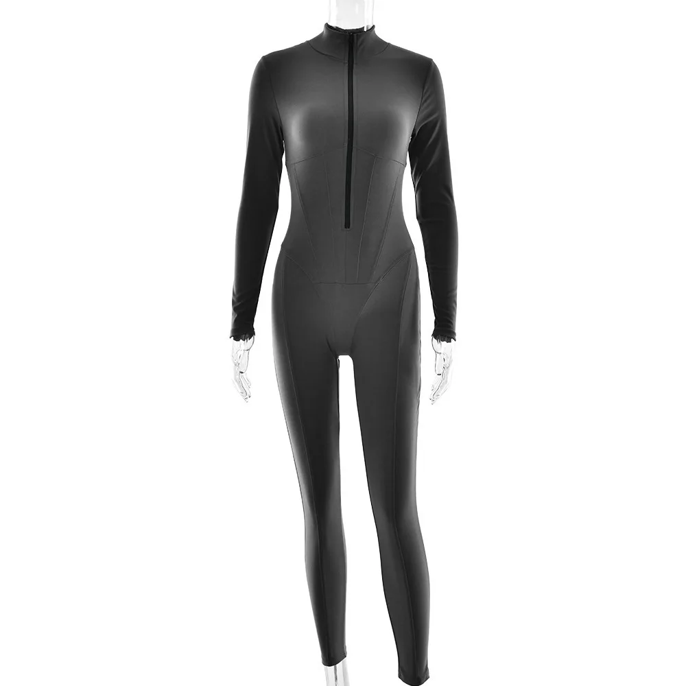 Sexy estilo cor sólida manga zíper base camada calças outono inverno novo em torno do pescoço longo apertado bodysuit para mulher