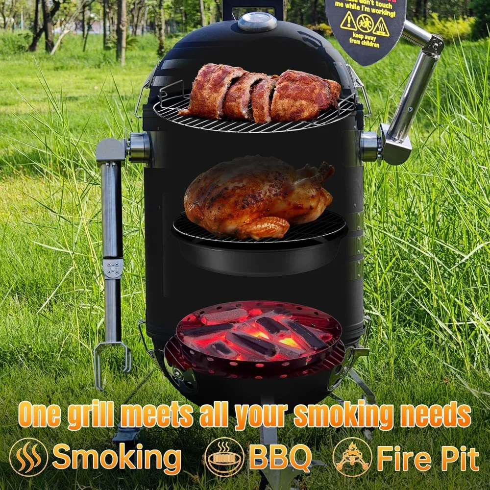 Smoker Grill Vertical 16 Inch Steel Charcoal Smoker With Two Metal Arms And Three Wheels, Heavy Duty Round BBQ Grill