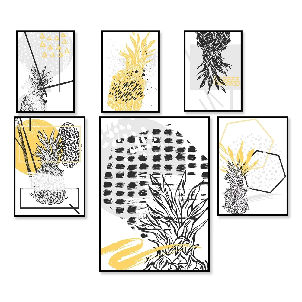 Mix and match geometric abstract yellow black line art prints pineapple Nordic minimalist poster living room home decoration
