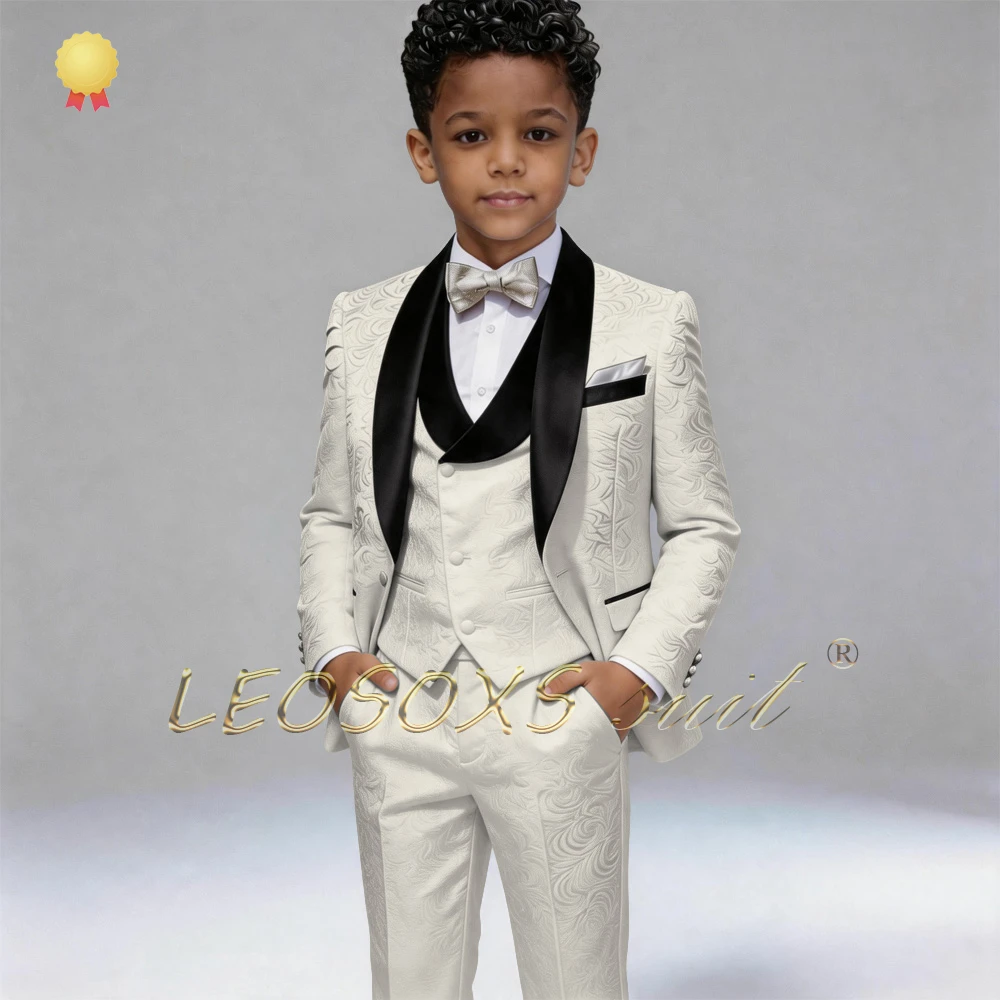 Boys' 3-Piece Contrast Shawl Lapel Tuxedo, Jacquard Blazer, Waistcoat & Trousers for Wedding Ring Bearers & Page Boys