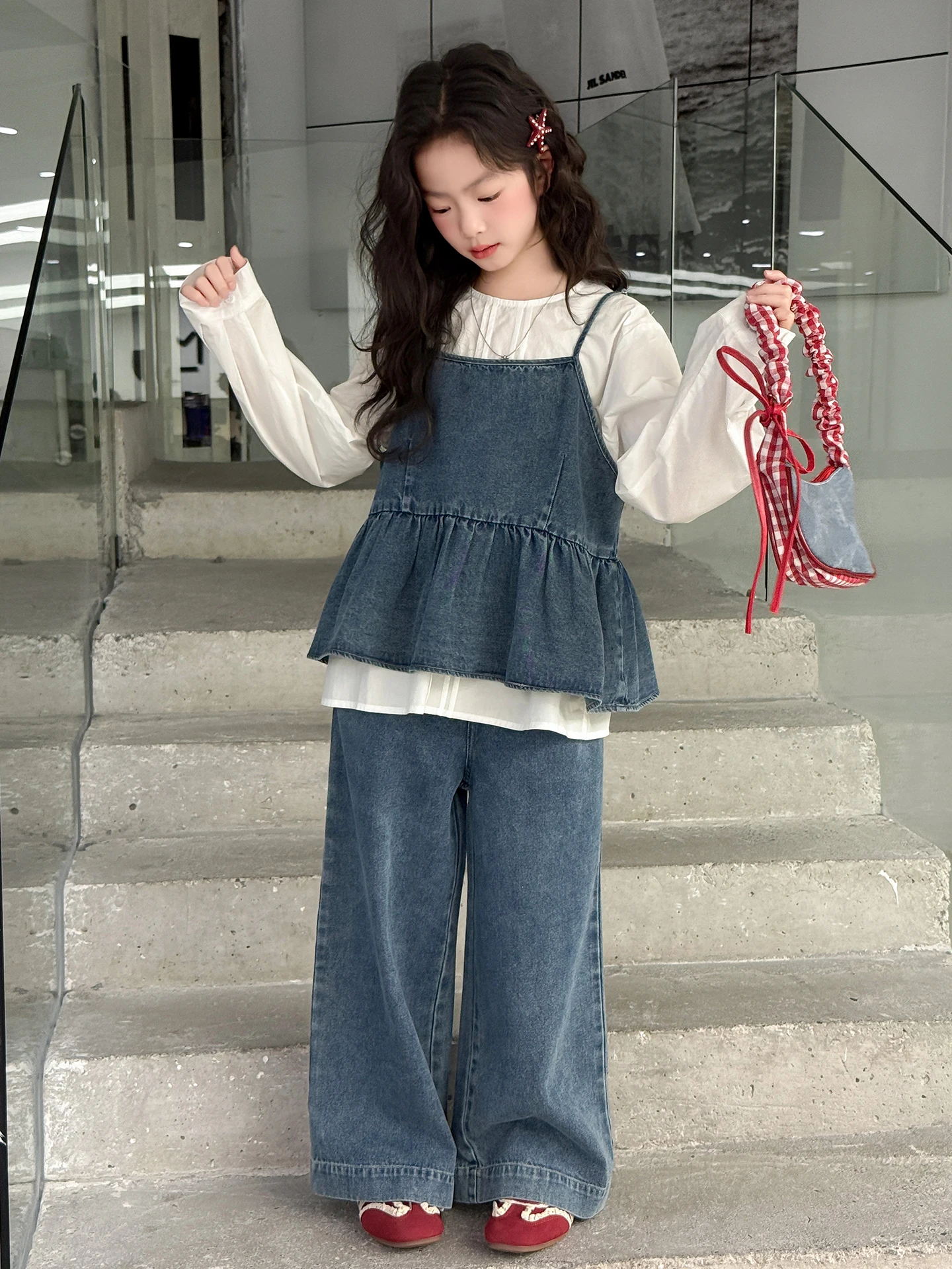 girls'-casual-denim-vest-set-three-pieces-autumn-spring-cotton-blend-comfortable-breathable-static-free-non-hat-children's-wear