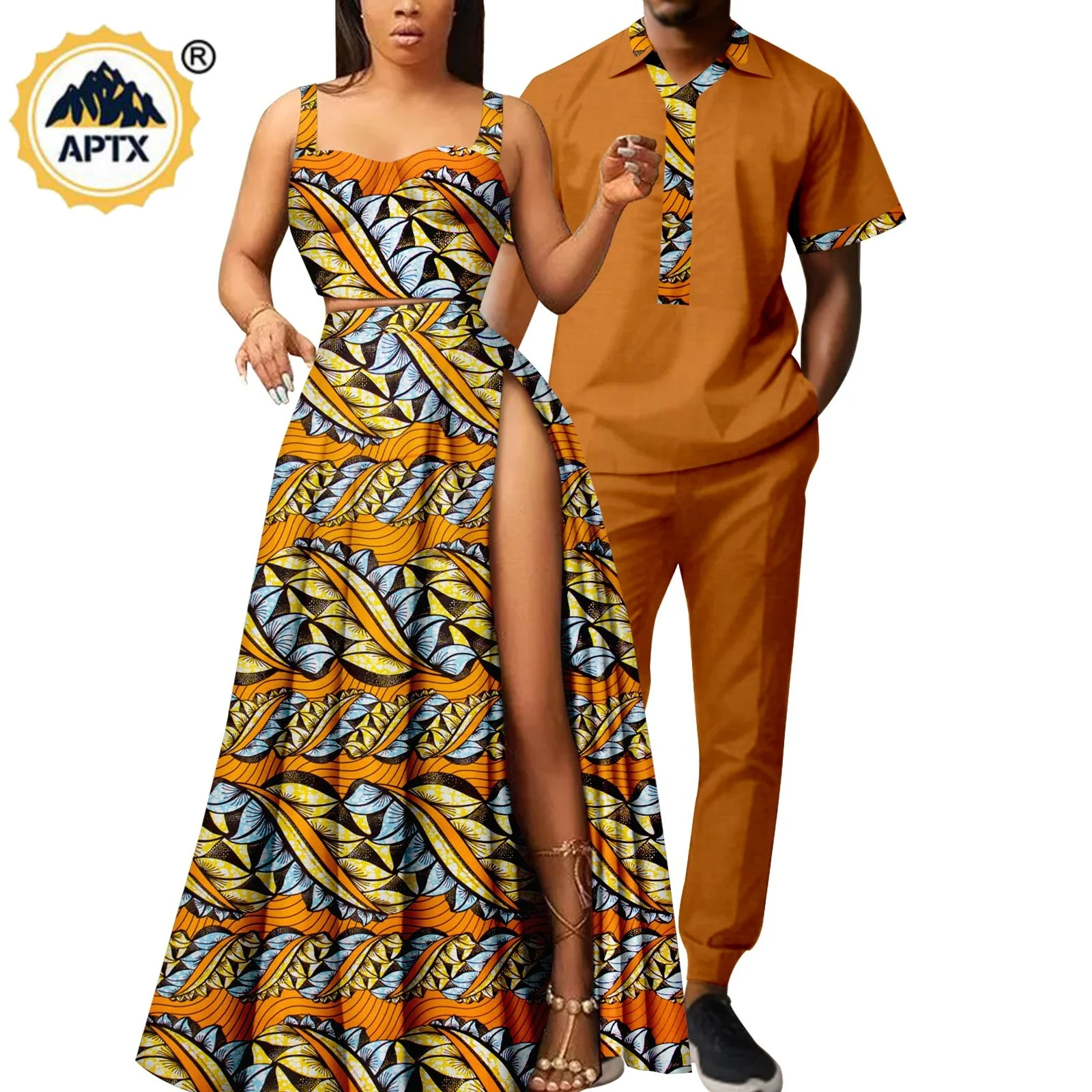 

Summer Sexy Women Strap Print Split Long Dresses Matching Men Top and Pants Sets Couple Outfits Bazin Riche Party Wear Y23C095