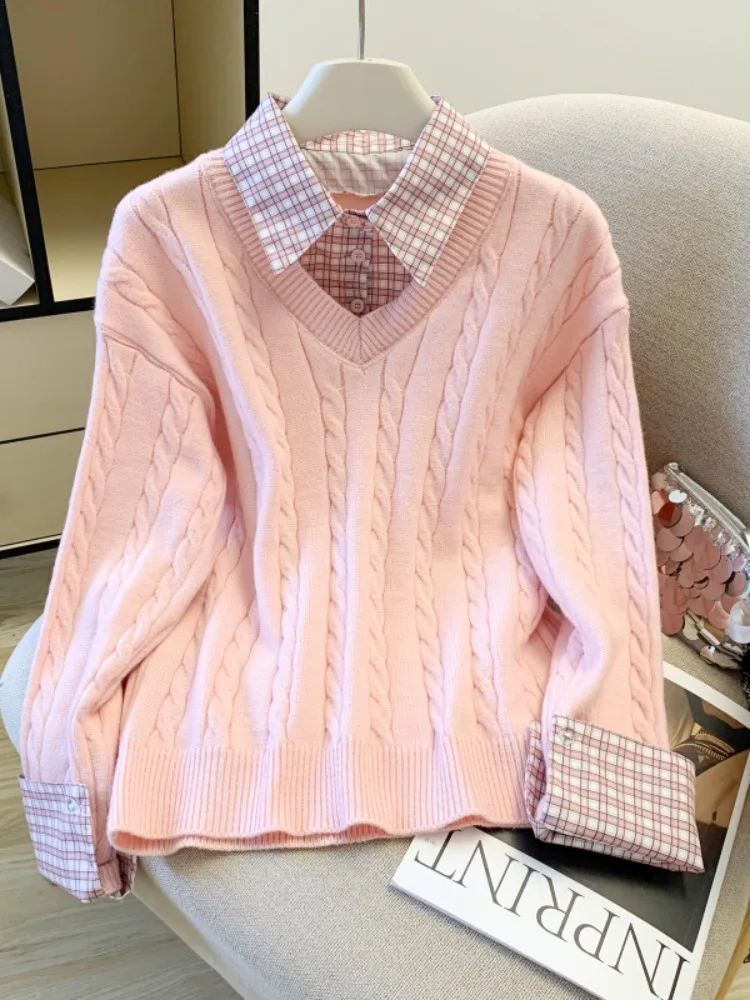   เสื้อสเวตเตอร์ถักลายตารางแบบผูกคอสำหรับผู้หญิง ฤดูใบไม้ร่วง ฤดูหนาว เนื้อนุ่ม ตัดต่อสวยงาม สไตล์หวาน สวมใส่สบาย ทรงหลวม แฟชั่นลำลอง
