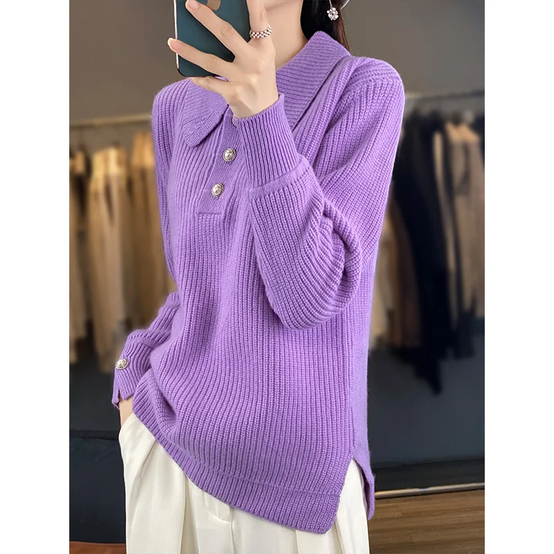 

Spring and summer 2024 sweater pullover pure wool solid color lapel slim long sleeve Korean fashion sweater sweater sweater swea