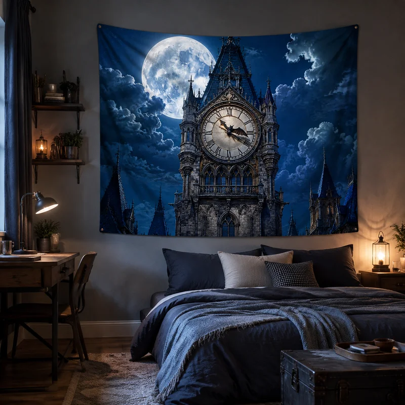 VIKAMA Halloween Stone Arch Tunnel Tapestry, Jack-o'-Lanterns, Flock of Bats, and Gothic Fortress Wall Hanging Decoration