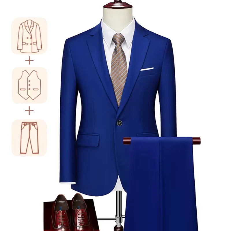 

High Quality Men's Suit Slim Fit Solid Color Suit Formal Business Office Wedding Single Breasted Blazer Vest Pants 3 Pieces Set