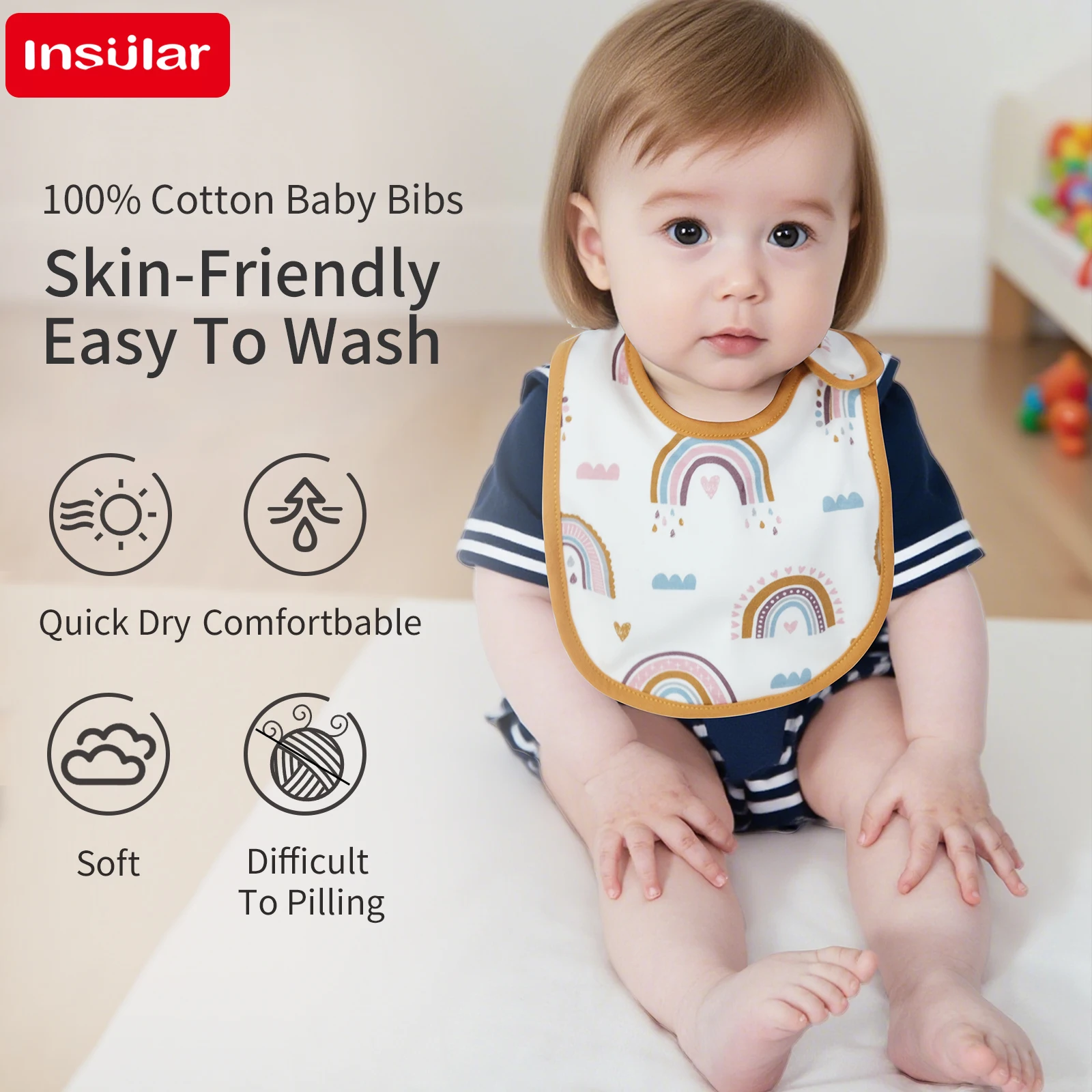 Waterproof U Shape Baby Bibs 3 Layer Soft Cotton Adjustable Drool Towel Insular Feeding Scarf for Infants and Toddlers 1-3Y