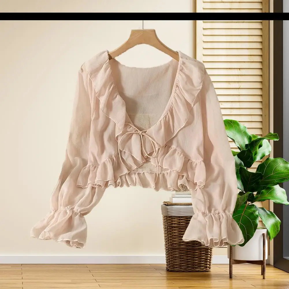 

Chiffon Cardigan V-tie Lace-Up Lightweight Shirt Solid Color Ruffle Trim Summer Thin Sun Protection Shirt Daily Wear