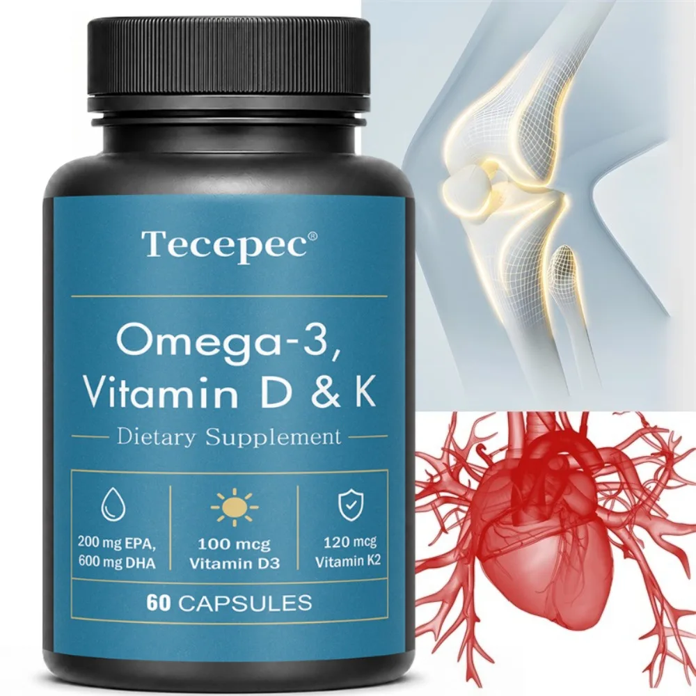 Omega 3 Fish Oil, with Vitamins D & K2 (MK-7), EPA, DHA, Bone, Heart, Brain & Immune Health Support, 60 Softgels