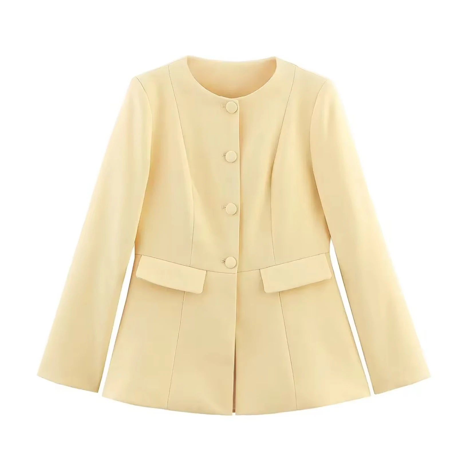 HH Damen Einfacher O-Ausschnitt Blazer mit Falschen Taschen, Stoffknöpfen, Langarm-Jacke, Frühjahr/Herbst 2026, Casual Alltagskleidung – Detail 2