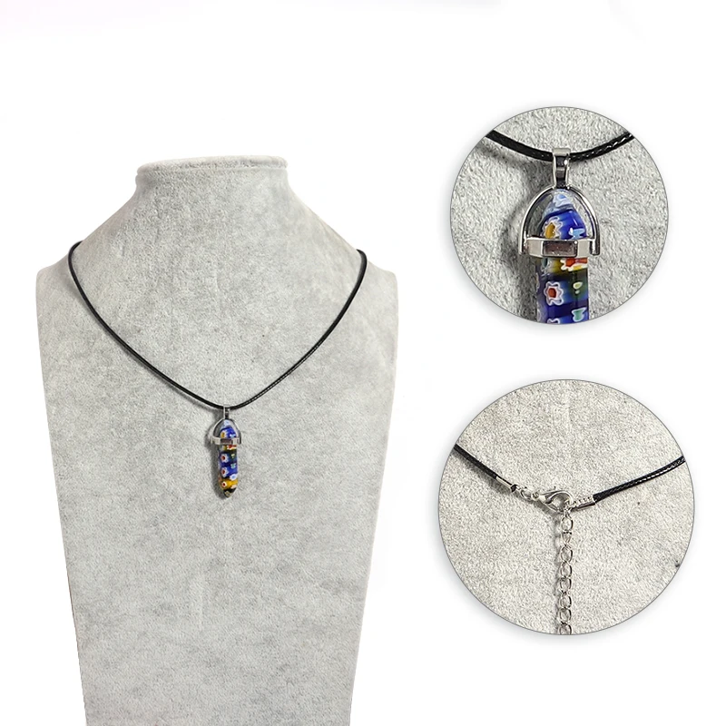 مسدس عمود الكوارتز قلادة الفيروز الوردي كريستال قلادة جلد طبيعي سلسلة الحجر الطبيعي المختنق قلادة #5